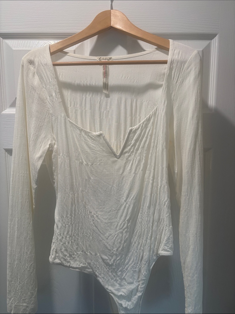 Free People Intimately White Long Sleeve Plunge Bodysuit